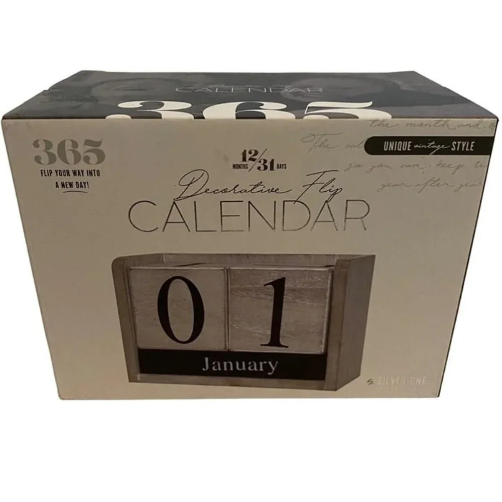 Silver One International Decorative Flip Calendar Wooden Vintage Style Farmhouse